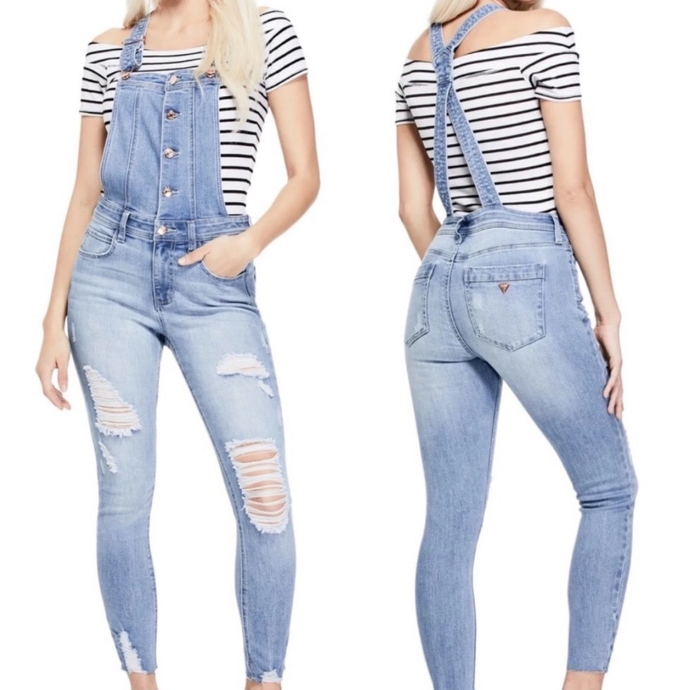 Guess Light Blue Distressed Denim Overalls Jumpsuit